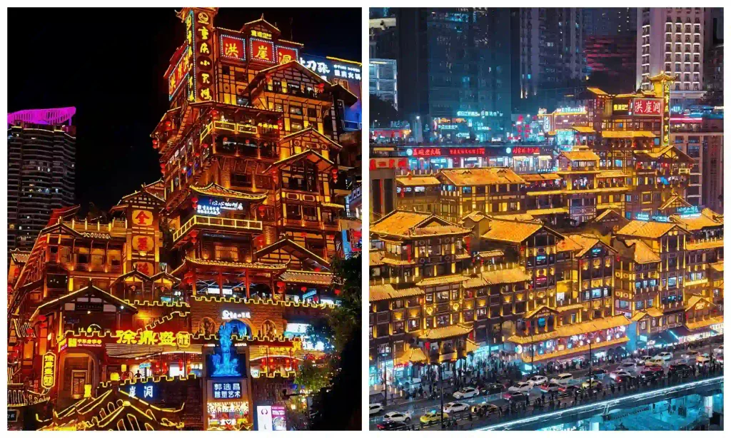Best Places to Visit in Chongqing for First-Time Travelers: panoramic views of Hongyadong's illuminated hillside buildings and vibrant nighttime cityscape.